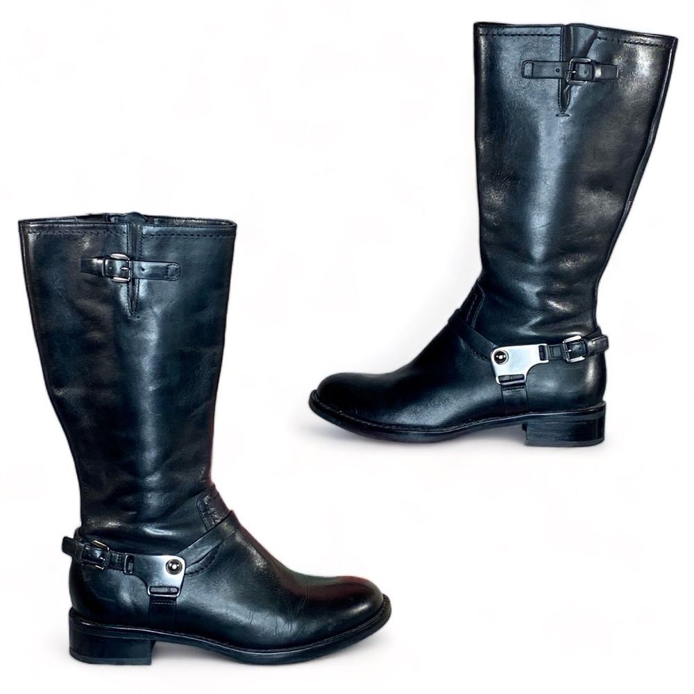 ECCO Moto Biker Boots Black Leather Mid Calf Buckle Detail Side Zip SZ 6 EU 36